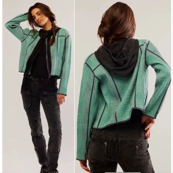 Free People FP ONE Tavi Quilted Hooded JACKET Size L Zip Up Green Blue Black NEW - Picture 3 of 10